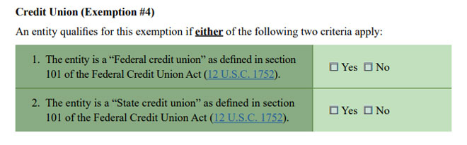 Credit Union Exemption Chart