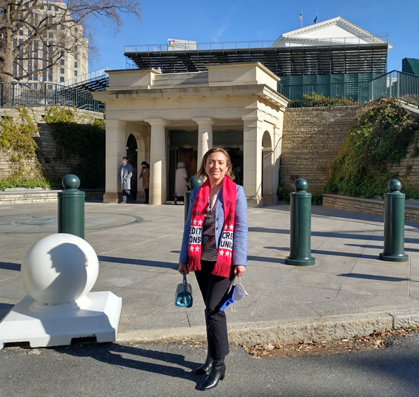 League President/CEO Carrie Hunt outside the state Capitol.