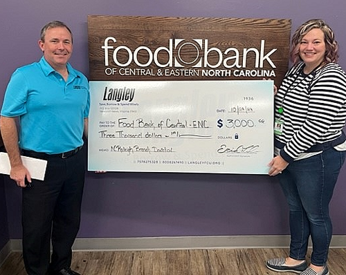 Langley Federal Credit Union has donated $3,000 to the Food Bank of Central & Eastern North Carolina to help celebrate the opening of the credit union’s newest branch, in Raleigh, North Carolina.